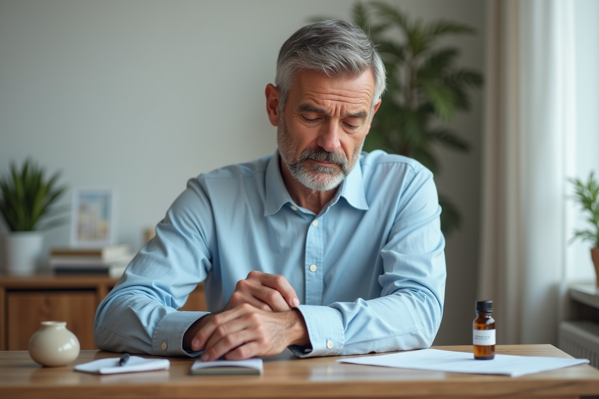 Homme appliquant huile essentielle sur son poignet dans un bureau