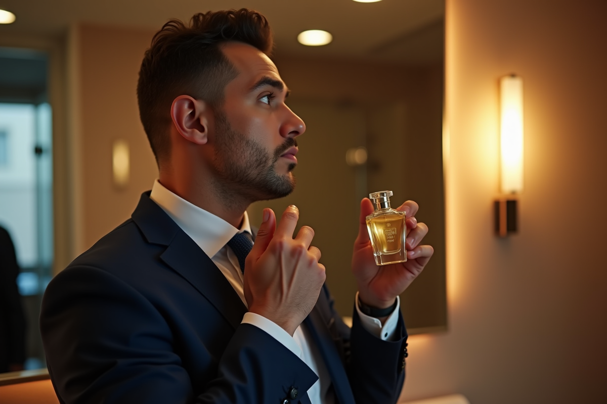 Homme confiant appliquant du parfum dans une salle de bain moderne