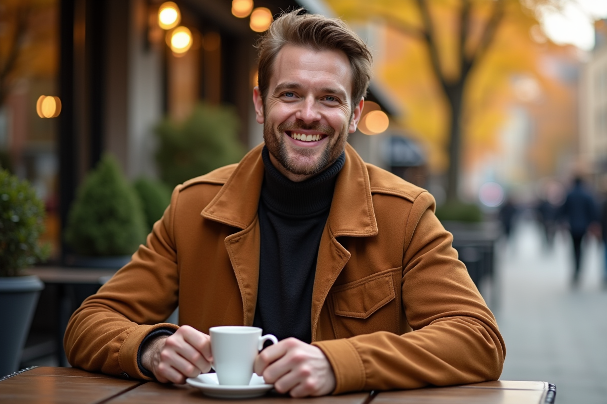 Homme souriant au café en automne avec veste en daim caramel