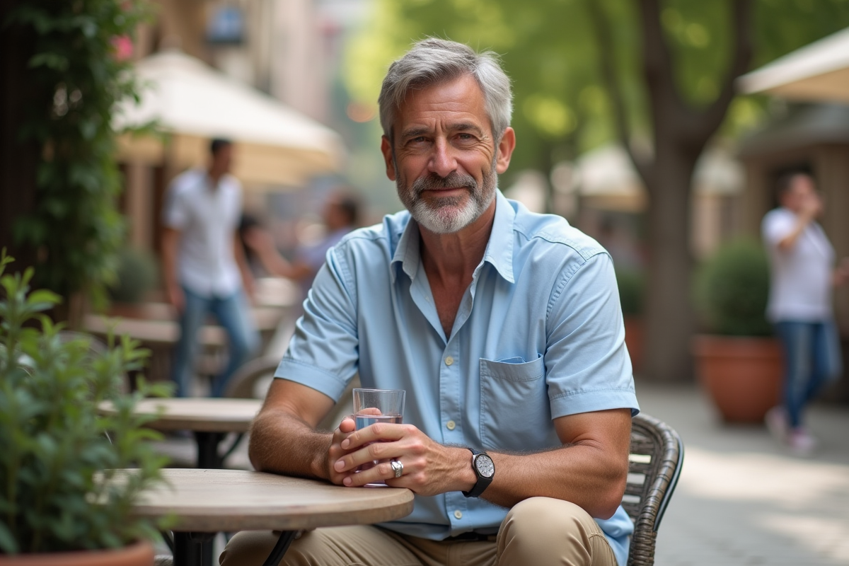 Homme en chemise en coton pale assis au café en plein air