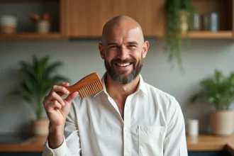 Homme chauve souriant tenant un peigne en bois avec humour dans une cuisine moderne