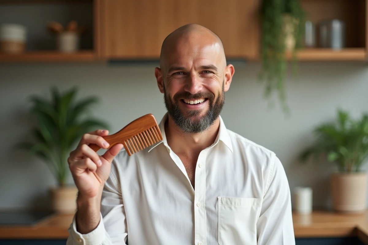 Homme chauve souriant tenant un peigne en bois avec humour dans une cuisine moderne