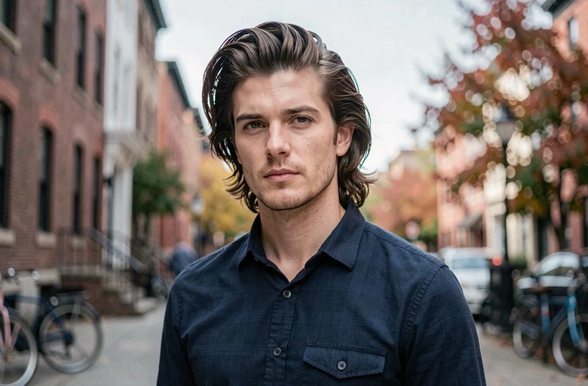 Homme aux cheveux mi-longs coiffés avec du volume en milieu urbain, look éditorial en extérieur