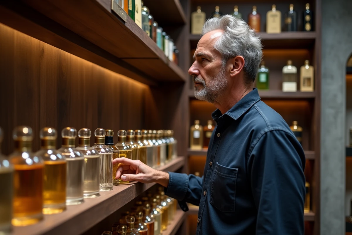 Homme choisissant un parfum de niche dans une parfumerie artisanale aux étagères en noyer et aux accents en laiton