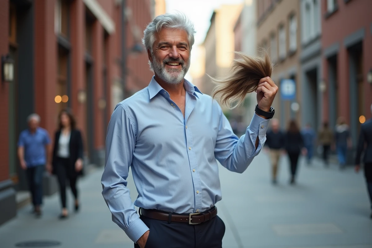 Homme confiant montrant sa nouvelle coupe courte en ville