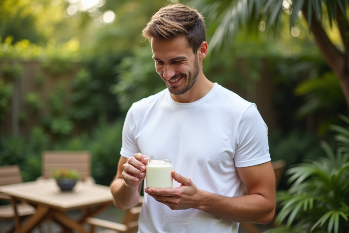 Homme tenant un pot de creme dans un jardin vert