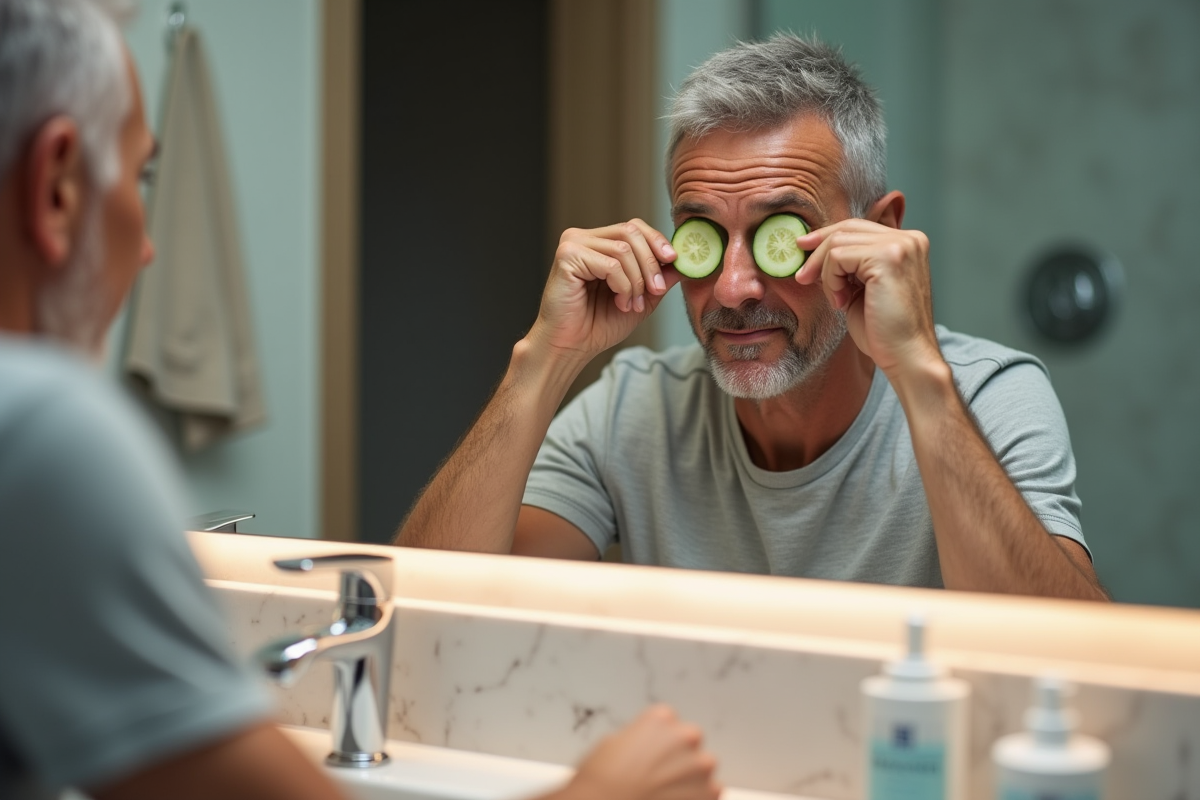 Homme appliquant des tranches de concombre sous les yeux