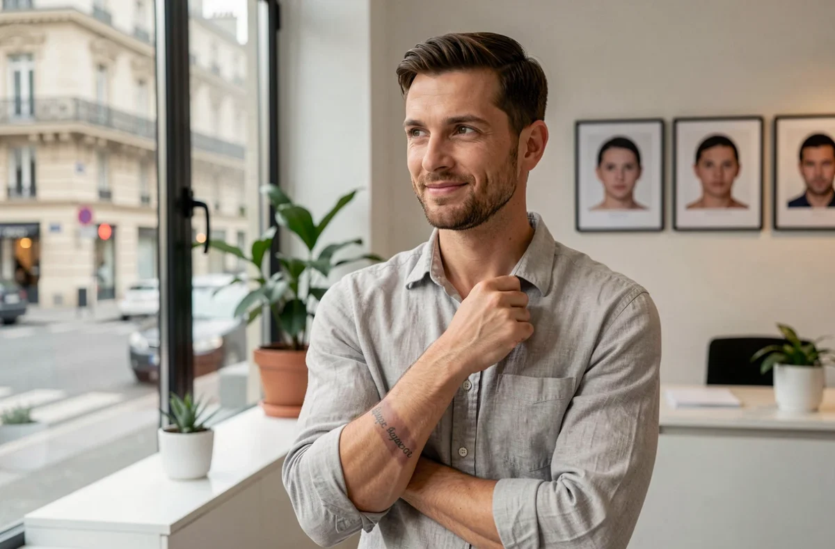 Homme en consultation dans un centre de détatouage laser à Paris Marais, montrant son tatouage en cours d'effacement au poignet avec une expression confiante et sereine