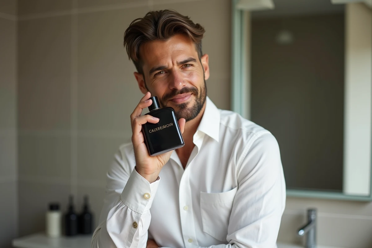 Homme élégant tenant un flacon de parfum Armani Code Profumo dans une salle de bain contemporaine