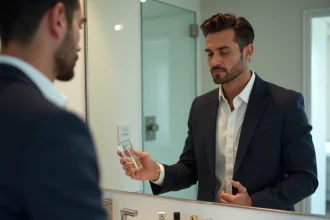 Homme élégant en blazer marine tenant un flacon de parfum devant un miroir de salle de bain raffinée
