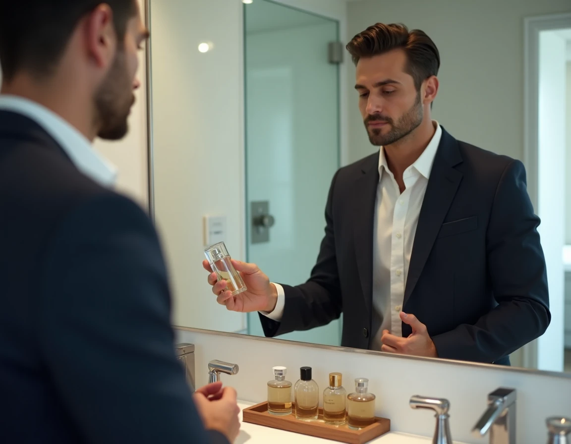 Homme élégant en blazer marine tenant un flacon de parfum devant un miroir de salle de bain raffinée