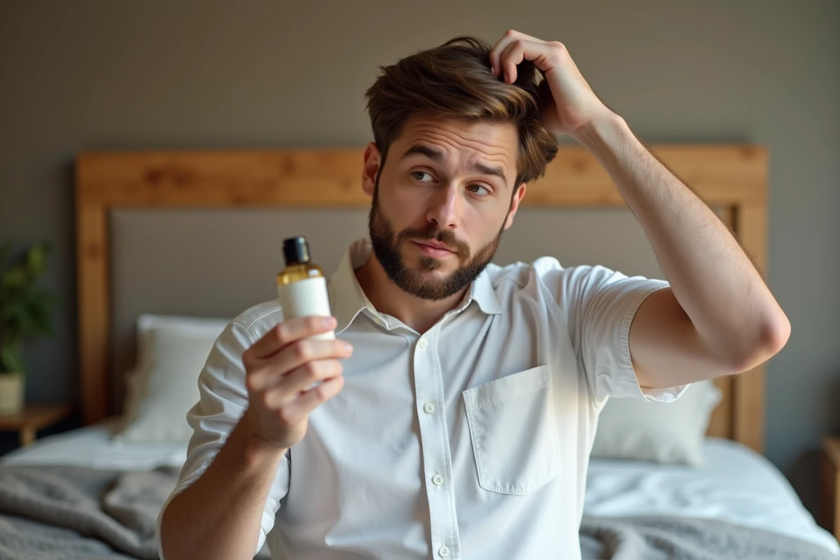Homme examinant sa ligne de cheveux avec un serum capillaire