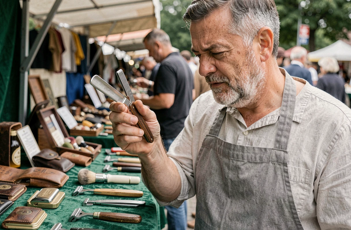 Homme d'âge mûr examinant attentivement un rasoir droit d'occasion sur un stand de marché aux puces, entouré de rasoirs vintage et accessoires de rasage usagés