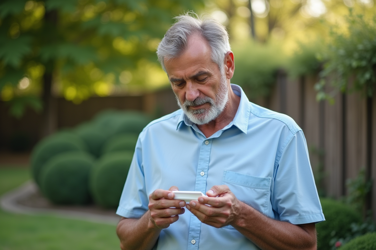 Homme lisant instructions d un gel cicatrice dans un jardin