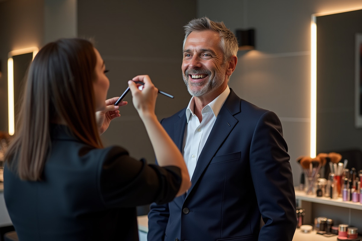 Homme en costume maquille dans un studio professionnel