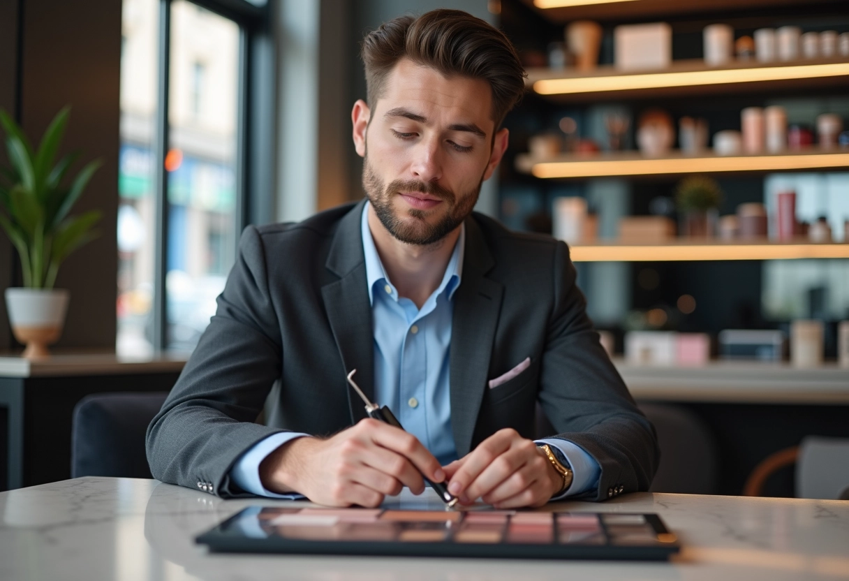 Jeune homme choisissant palette de maquillage en boutique urbaine