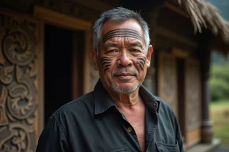 Homme māori avec tatouage facial tā moko traditionnel devant une maison de réunion sculptée en Nouvelle-Zélande