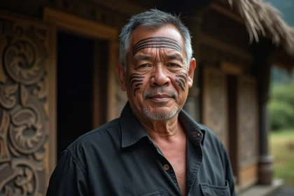 Homme māori avec tatouage facial tā moko traditionnel devant une maison de réunion sculptée en Nouvelle-Zélande