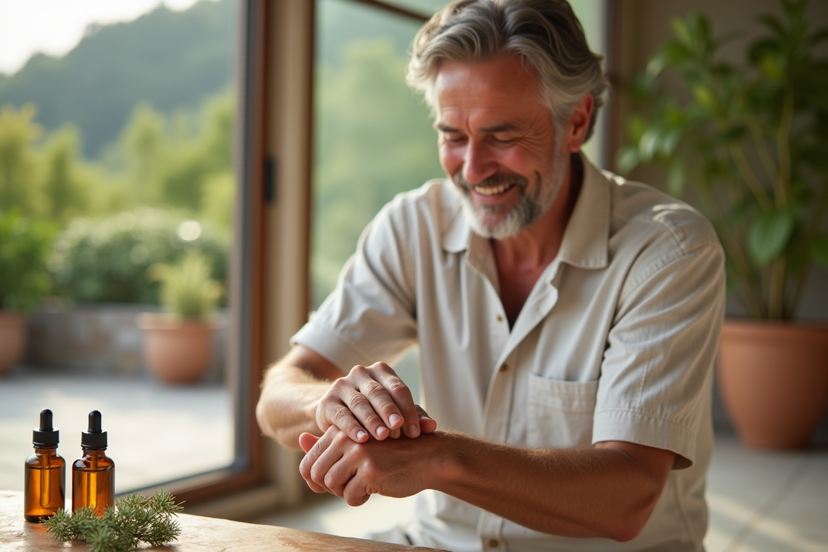 Homme massant huile Ravintsara en extérieur sur terrasse