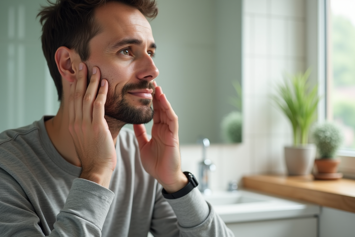 Homme faisant un massage du visage dans la salle de bain