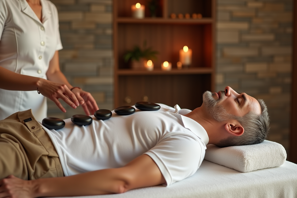 Homme recevant un massage avec des pierres chaudes dans un centre