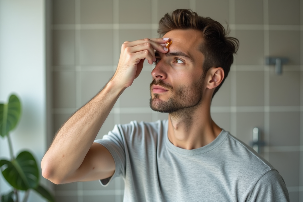 Homme massant son front avec un serum visage dans la salle de bain