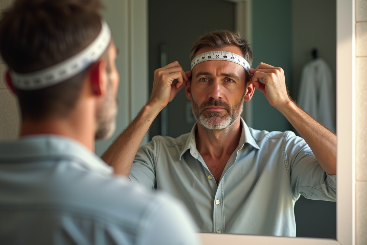 Homme vérifiant sa taille avec un ruban dans sa salle de bain