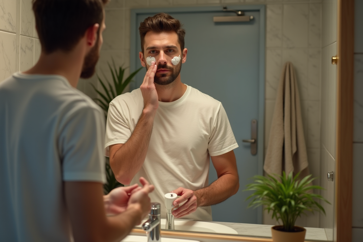 Jeune homme appliquant un nettoyant visage dans la salle de bain