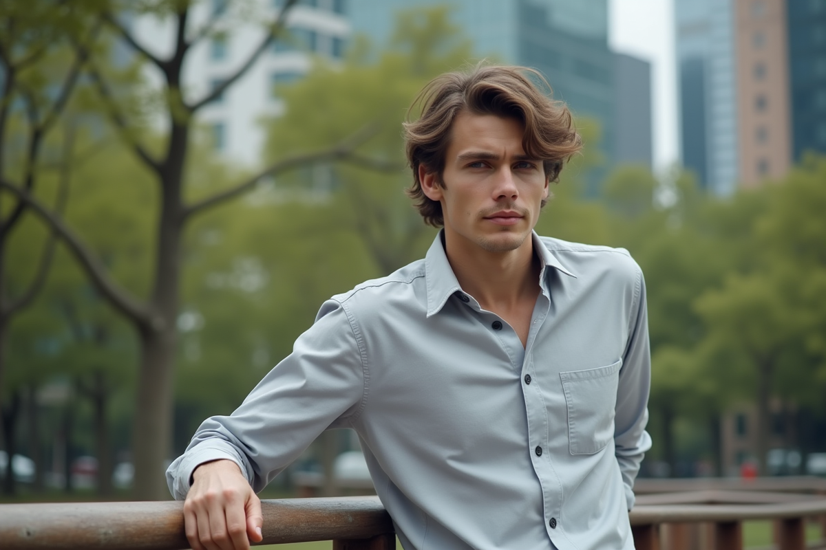 Homme en chemise dans un parc urbain naturel