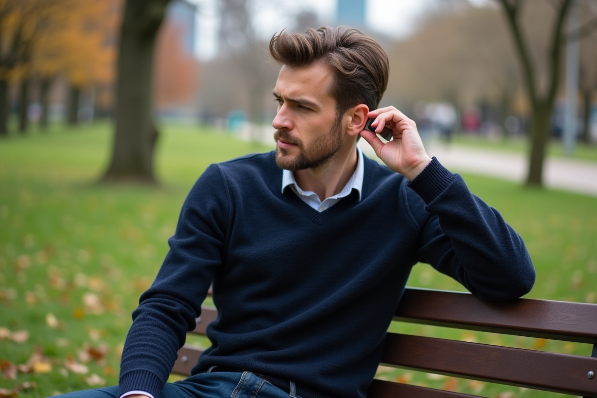 Homme se parfumant dans un parc en automne