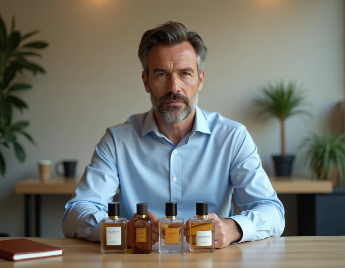 Homme professionnel comparant plusieurs flacons de parfum homme sur un bureau en bois dans un bureau à domicile