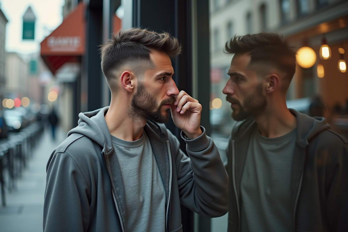Homme regardant son reflet avec cheveux inégaux devant un salon de coiffure en ville