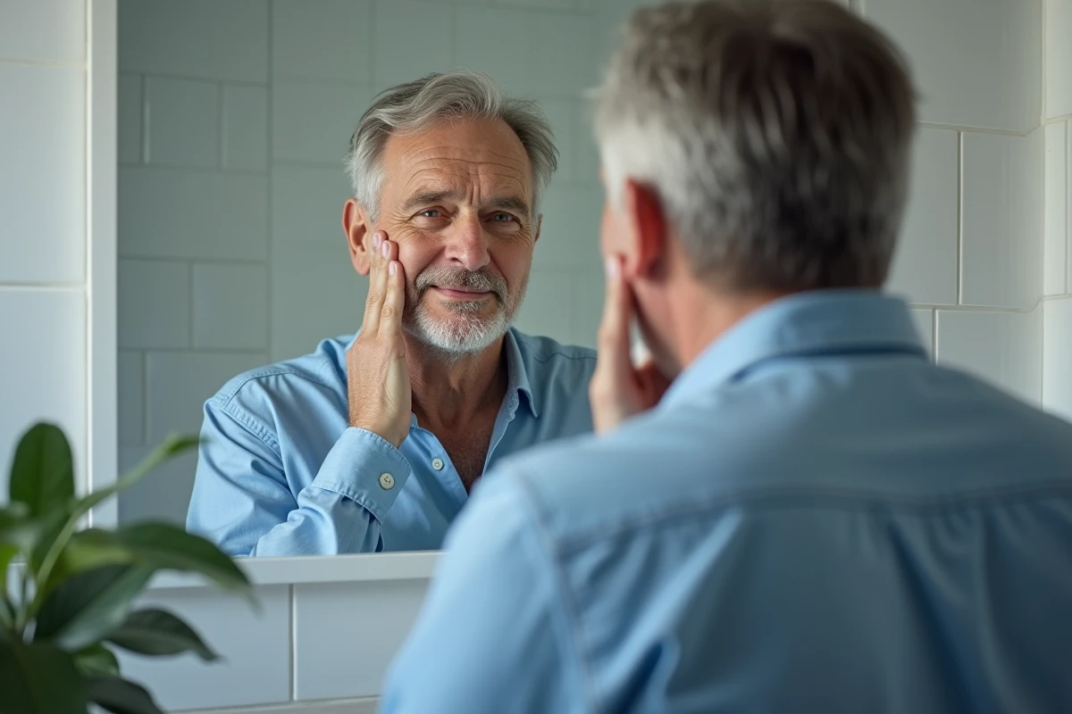 Homme regardant son visage dans un miroir de salle de bain