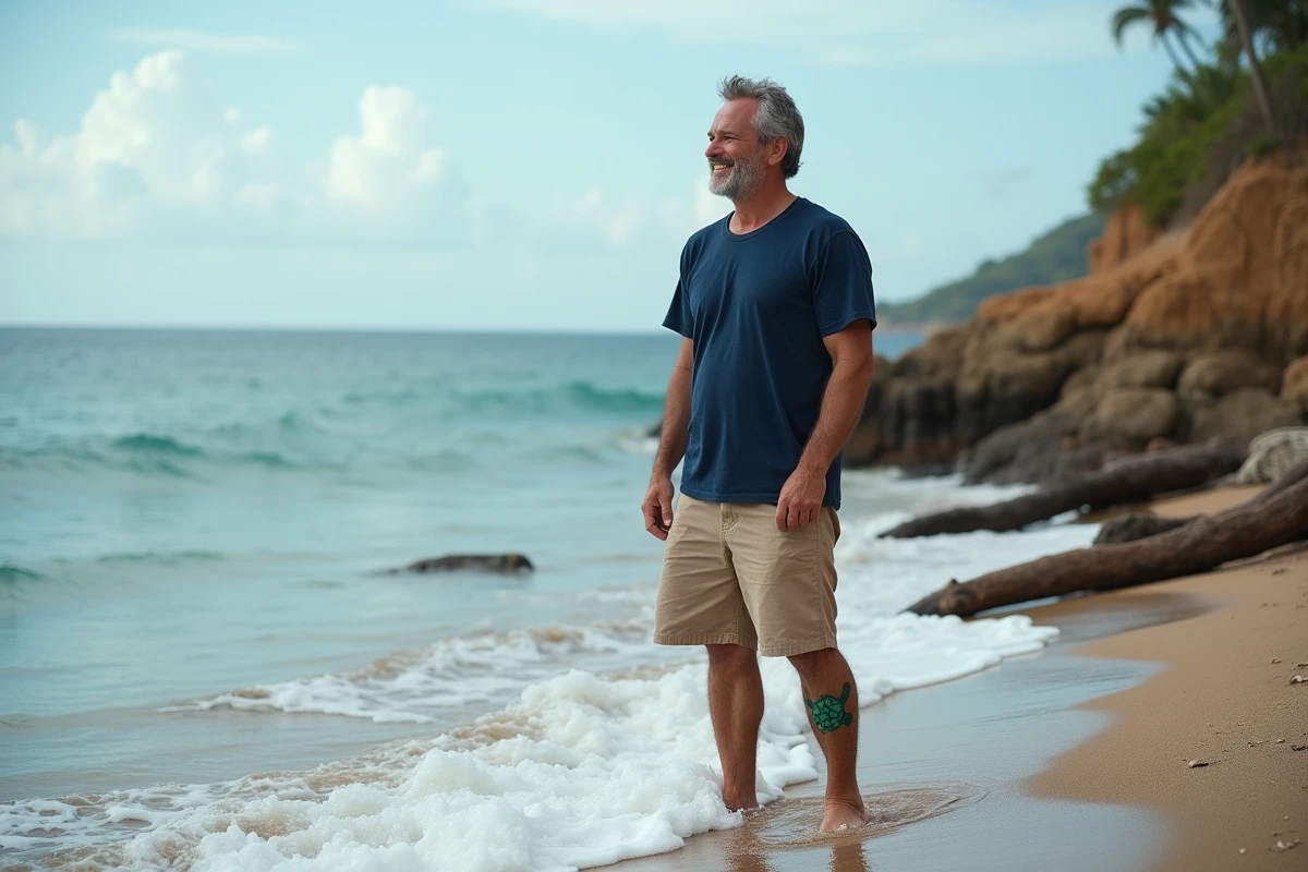 Homme avec tatouage tortue sur la jambe à la plage