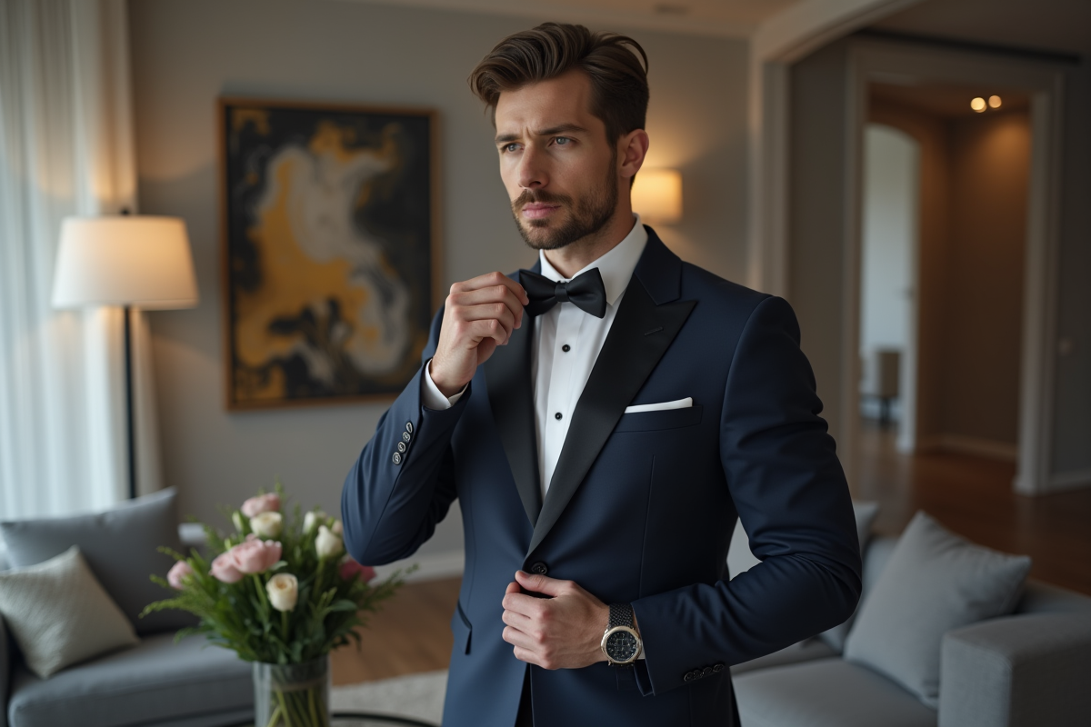 Homme en costume cravate ajustant son nœud papillon dans un salon moderne