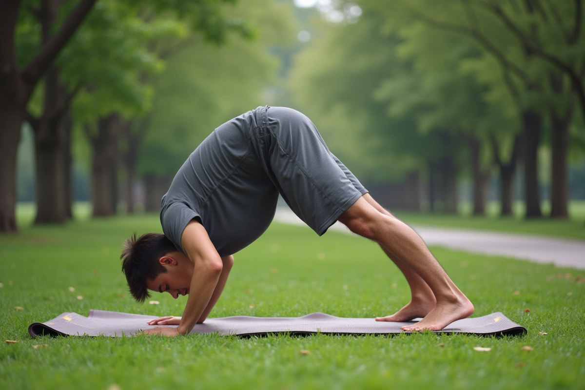 Jeune homme en posture de chien tête en bas dans un parc urbain