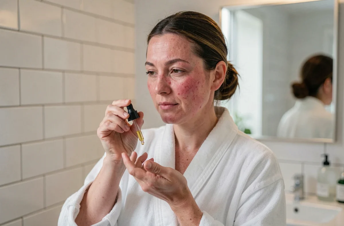 Femme aux rougeeurs appliquant une huile hydratante pour visage sensible et rosacée devant un miroir de salle de bain