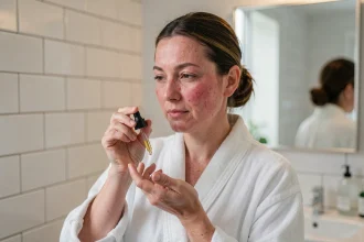 Femme aux rougeeurs appliquant une huile hydratante pour visage sensible et rosacée devant un miroir de salle de bain