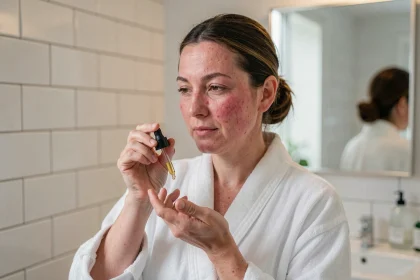 Femme aux rougeeurs appliquant une huile hydratante pour visage sensible et rosacée devant un miroir de salle de bain
