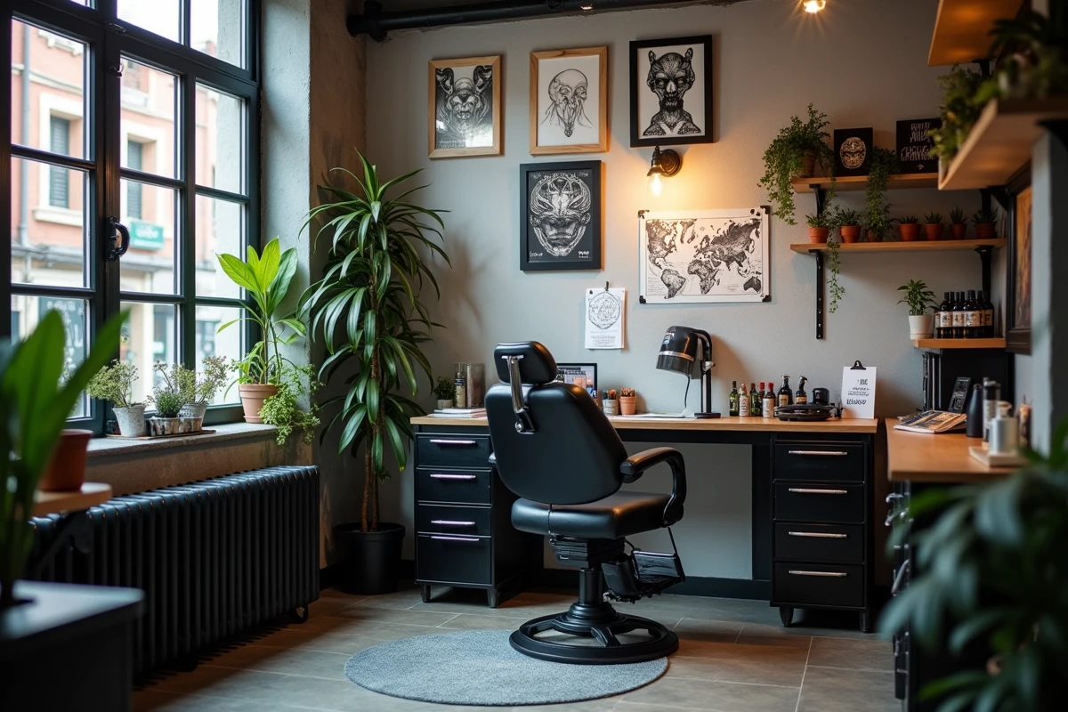 Intérieur d'un salon de tatouage contemporain à Toulouse avec fauteuil réglable, machines à tatouer organisées et planches de références blackwork accrochées au mur