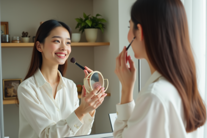 Jeune femme appliquant du blush dans un miroir naturel