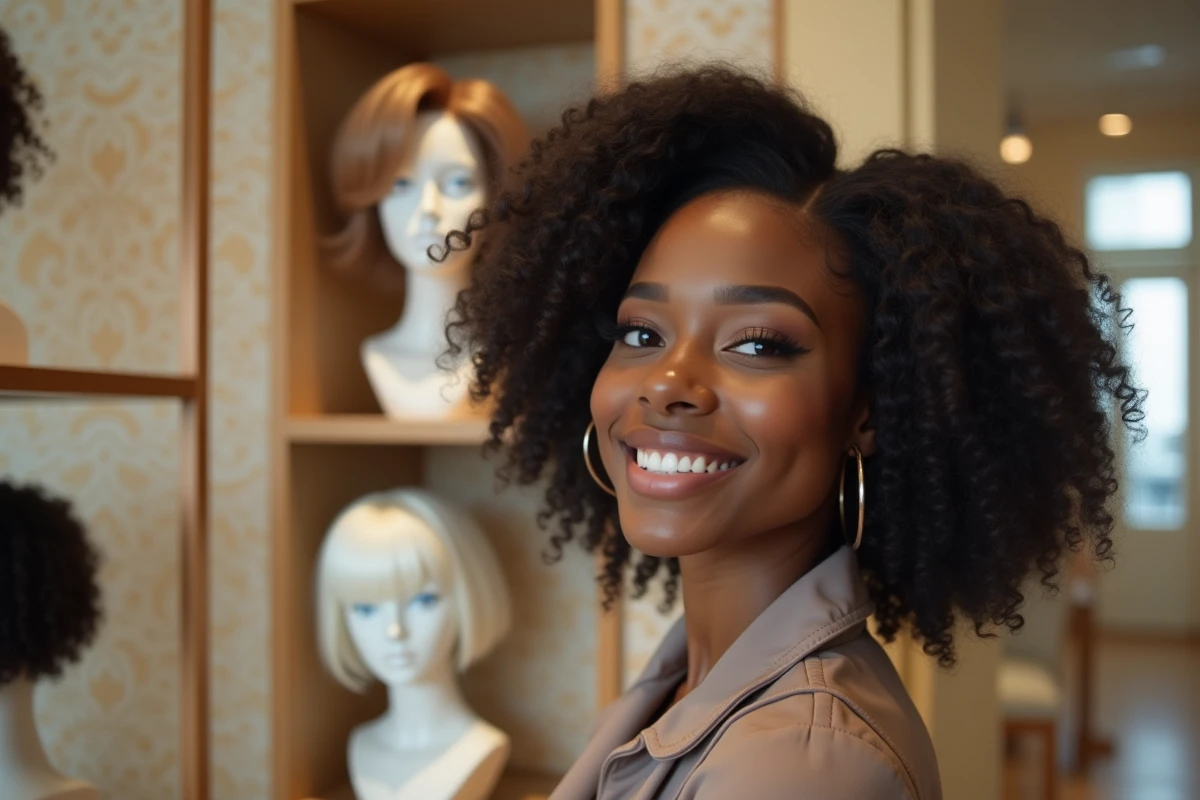 Jeune femme noire admirant sa perruque dans une boutique élégante