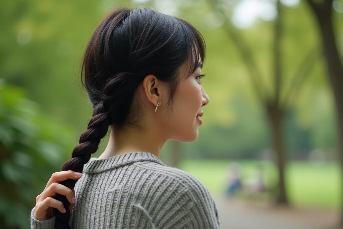 Jeune femme faisant une tresse dans un parc urbain