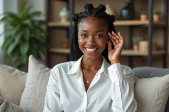 Jeune femme noire avec des braids dans un salon cosy