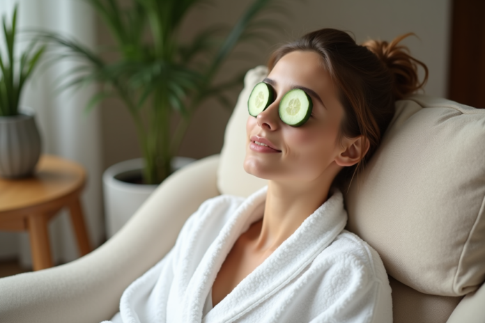 Jeune femme en peignoir blanc avec concombre sur les yeux