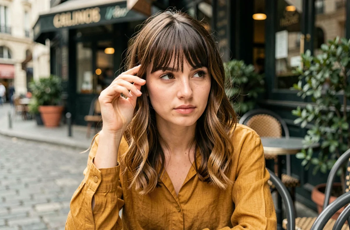 Jeune femme avec une nouvelle frange rideau et coupe mi-longue en terrasse de café parisien