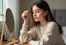 Maquillage des yeux : conseils et astuces pour débuter avec style Jeune femme appliquant du mascara devant un miroir