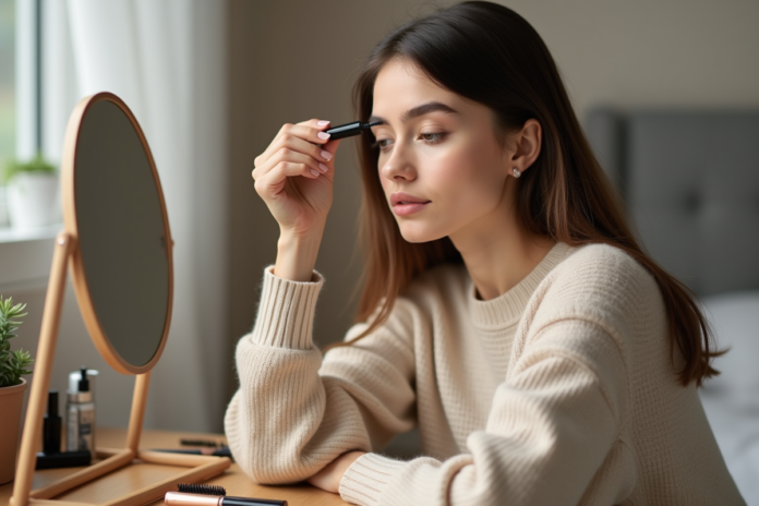 jeune-femme-mascara-beaute Jeune femme appliquant du mascara devant un miroir