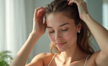 Cuir chevelu : réguler pour une chevelure saine et équilibrée ! Jeune femme massant doucement son cuir chevelu avec ses doigts