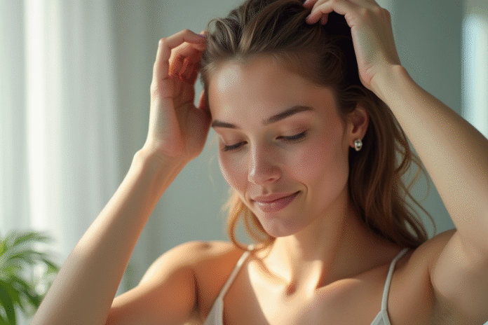 Jeune femme massant doucement son cuir chevelu avec ses doigts